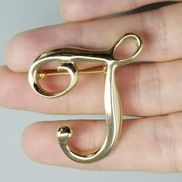 Vintage T or L Monogram Letter Brooch, Gold Tone Initial Lapel Pin, Estate - Picture 1 of 7